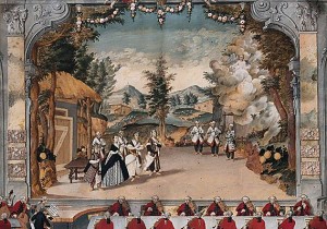 Depiction of the original setting for Haydn's opera "L'incontro improvviso" or "The Unexpected Encounter"